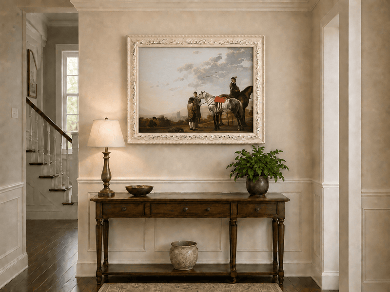 Peinture à l'huile de paysage - Homme à dos d'âne, femme, chien et champ rural
