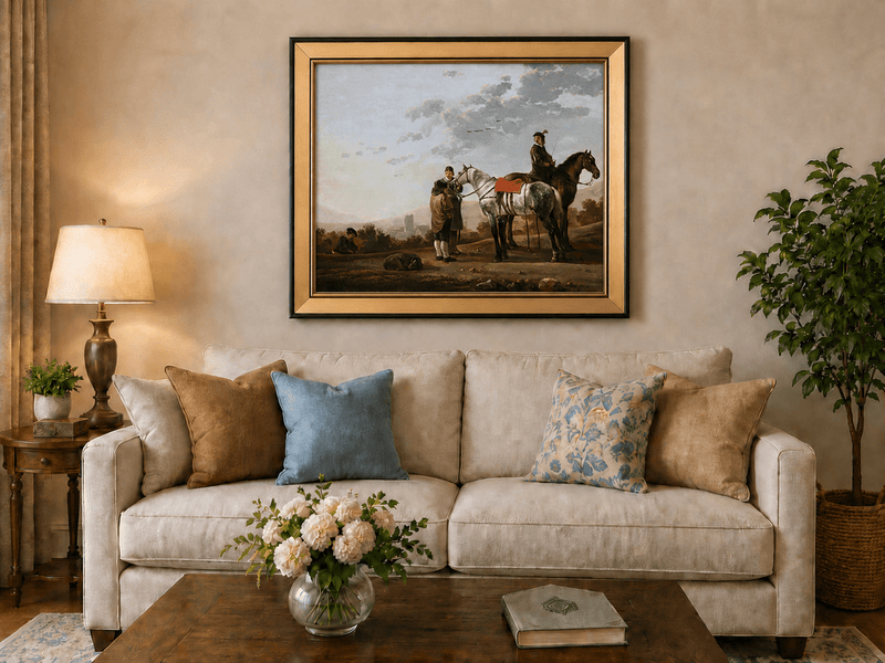 Peinture à l'huile de paysage - Homme à dos d'âne, femme, chien et champ rural