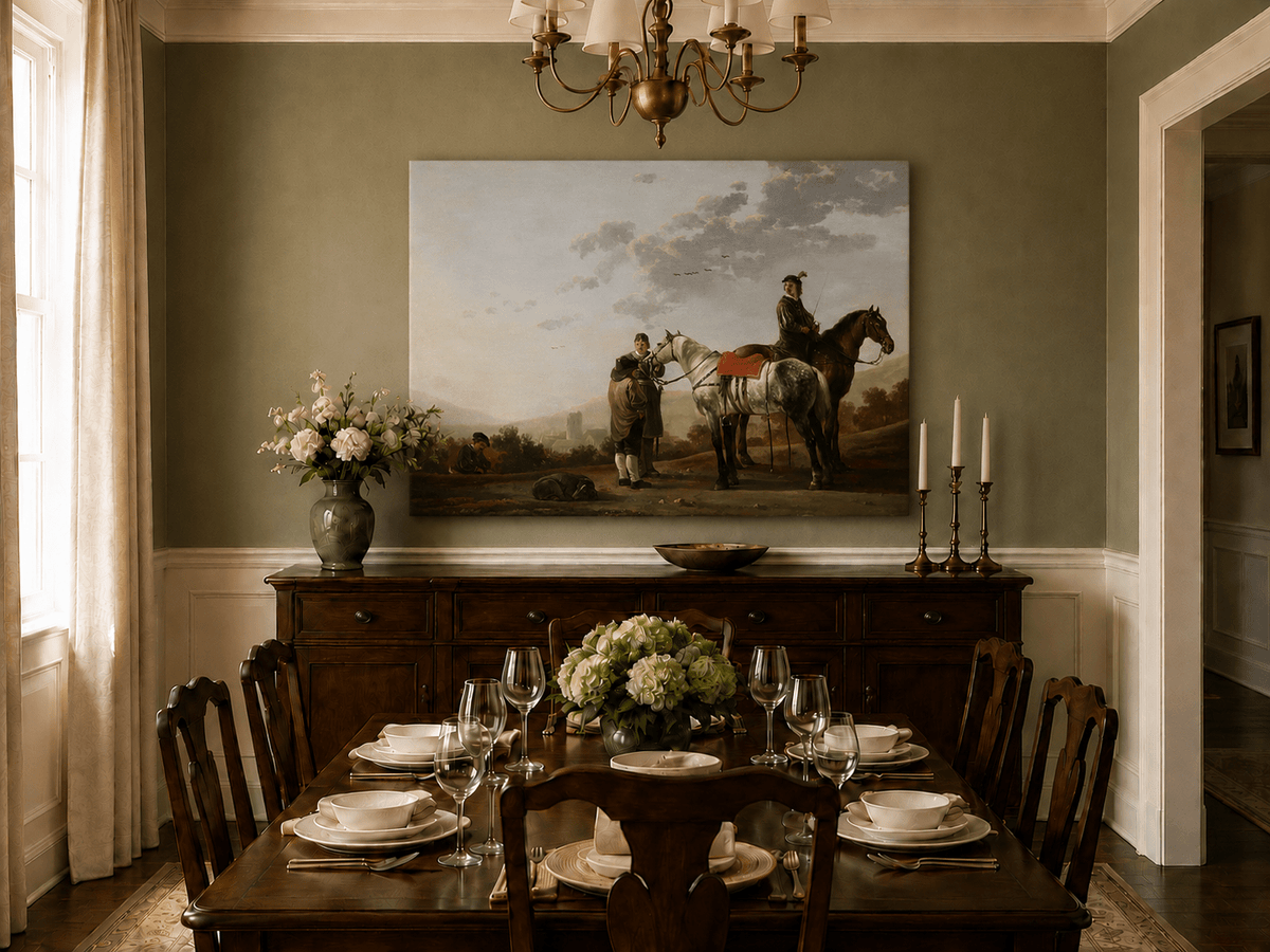 Peinture à l'huile de paysage - Homme à dos d'âne, femme, chien et champ rural