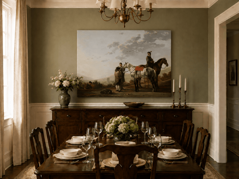 Peinture à l'huile de paysage - Homme à dos d'âne, femme, chien et champ rural