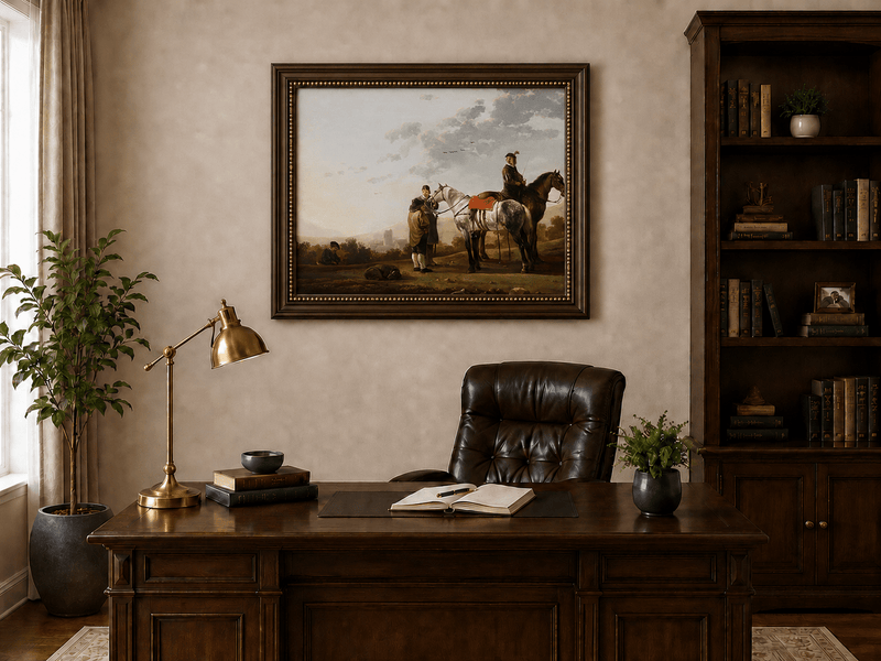 Peinture à l'huile de paysage - Homme à dos d'âne, femme, chien et champ rural
