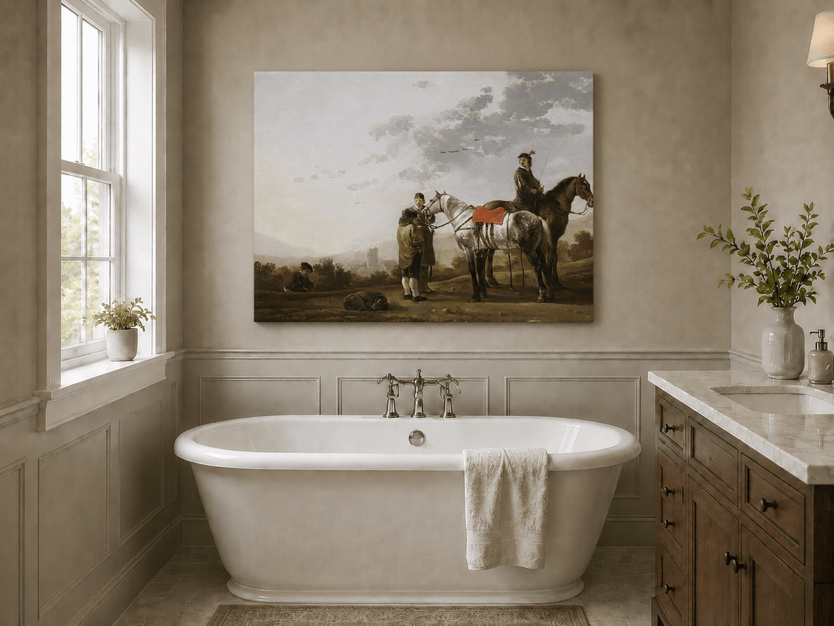 Peinture à l'huile de paysage - Homme à dos d'âne, femme, chien et champ rural