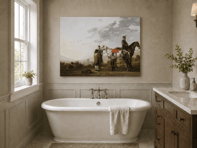 Peinture à l'huile de paysage - Homme à dos d'âne, femme, chien et champ rural
