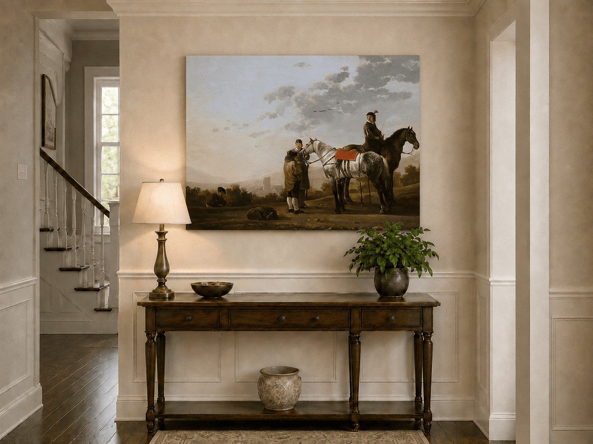 Peinture à l'huile de paysage - Homme à dos d'âne, femme, chien et champ rural
