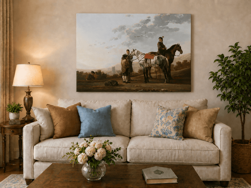 Peinture à l'huile de paysage - Homme à dos d'âne, femme, chien et champ rural