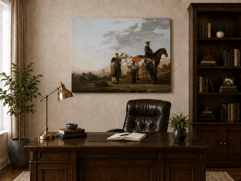 Peinture à l'huile de paysage - Homme à dos d'âne, femme, chien et champ rural