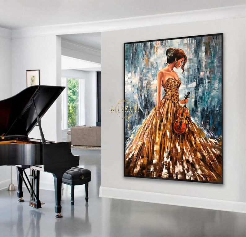 Gorgeous Girl with Violin Oil Painting Abstract Woman Wall Art Luxury Gift for Her Blue Gold Painting 30x40 Music Wall Decor Modern Art - Oil Painting Haven Oil Painting Haven