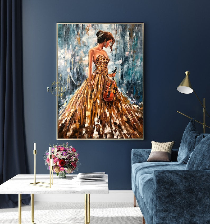 Gorgeous Girl with Violin Oil Painting Abstract Woman Wall Art Luxury Gift for Her Blue Gold Painting 30x40 Music Wall Decor Modern Art - Oil Painting Haven Oil Painting Haven