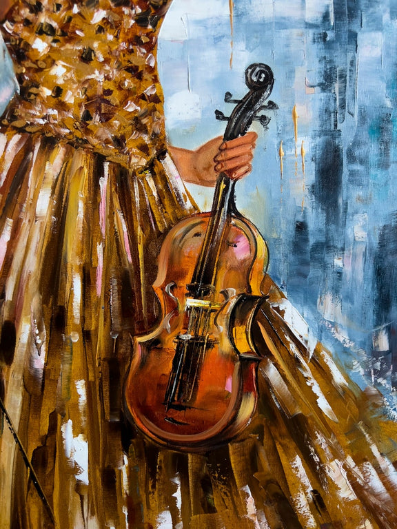 Gorgeous Girl with Violin Oil Painting Abstract Woman Wall Art Luxury Gift for Her Blue Gold Painting 30x40 Music Wall Decor Modern Art - Oil Painting Haven Oil Painting Haven