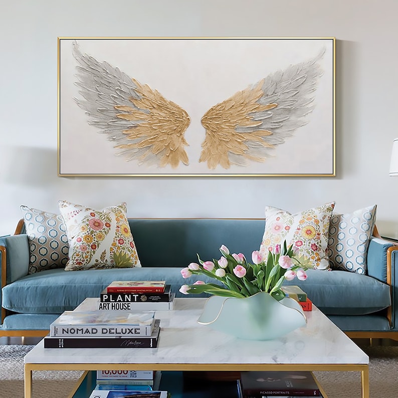 Large Gold Angel Wing Oil Painting on Canvas, Abstract Original Modern Minimalist Custom 3D Textured Acrylic Painting Bedroom Wall Art Decor - Oil Painting Haven Oil Painting Haven