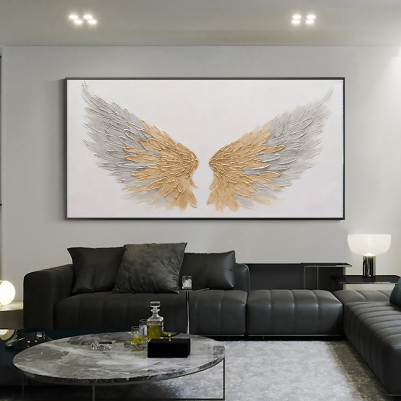 Large Gold Angel Wing Oil Painting on Canvas, Abstract Original Modern Minimalist Custom 3D Textured Acrylic Painting Bedroom Wall Art Decor - Oil Painting Haven Oil Painting Haven