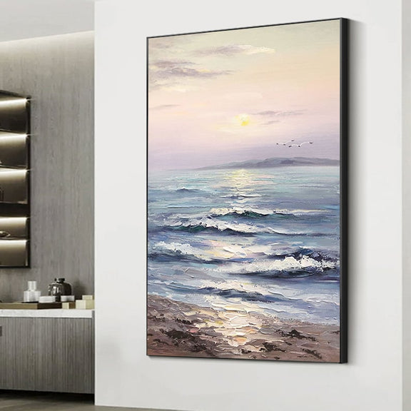 Abstract Sunset Ocean Landscape Oil Painting on Canvas,Large Original Custom Blue Sea Beach Acrylic Painting Living Room Wall Art Home Decor - Oil Painting Haven Oil Painting Haven