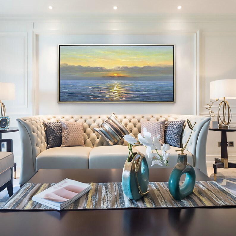 Abstract Sunrise Ocean Landscape Oil Painting on Canvas, Large Original Custom Blue Sea Beach Acrylic Painting Living Room Wall Art Decor - Oil Painting Haven Oil Painting Haven