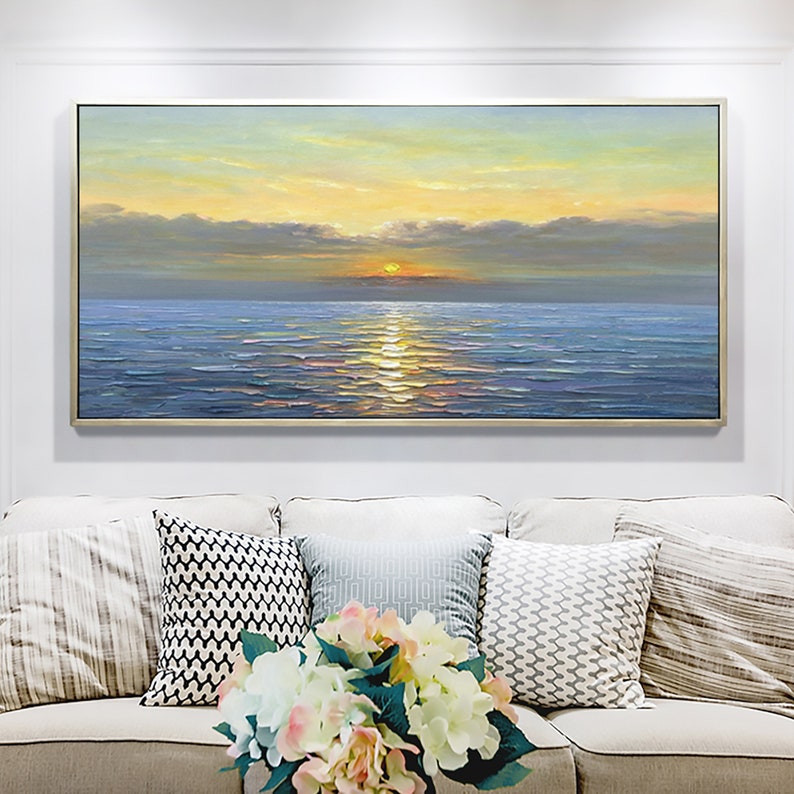 Abstract Sunrise Ocean Landscape Oil Painting on Canvas, Large Original Custom Blue Sea Beach Acrylic Painting Living Room Wall Art Decor - Oil Painting Haven Oil Painting Haven