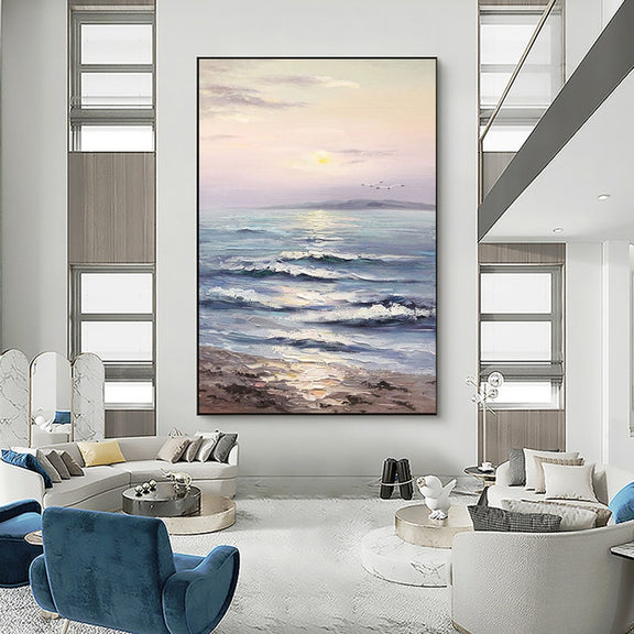 Abstract Sunset Ocean Landscape Oil Painting on Canvas,Large Original Custom Blue Sea Beach Acrylic Painting Living Room Wall Art Home Decor - Oil Painting Haven Oil Painting Haven