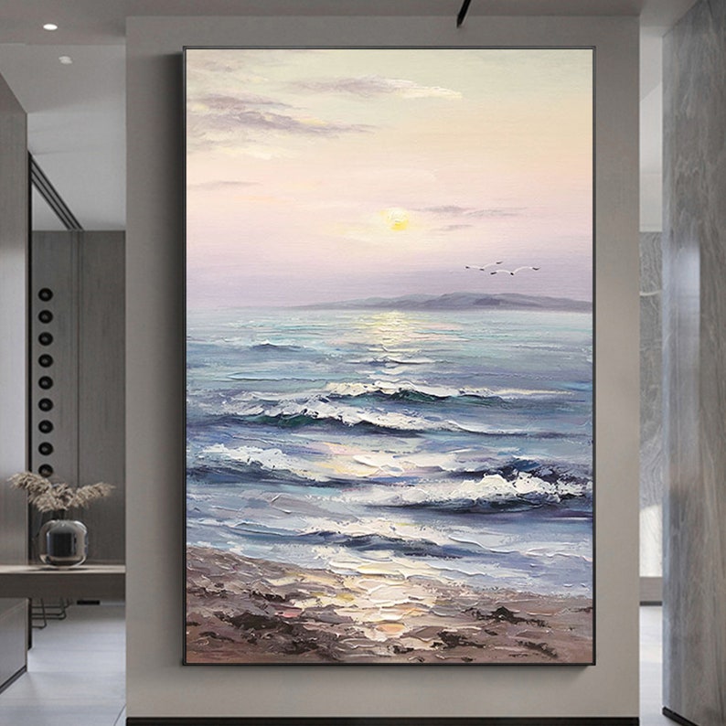 Abstract Sunset Ocean Landscape Oil Painting on Canvas,Large Original Custom Blue Sea Beach Acrylic Painting Living Room Wall Art Home Decor - Oil Painting Haven Oil Painting Haven