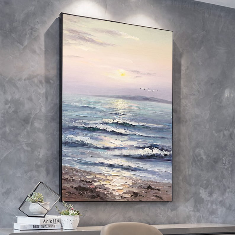 Abstract Sunset Ocean Landscape Oil Painting on Canvas,Large Original Custom Blue Sea Beach Acrylic Painting Living Room Wall Art Home Decor - Oil Painting Haven Oil Painting Haven