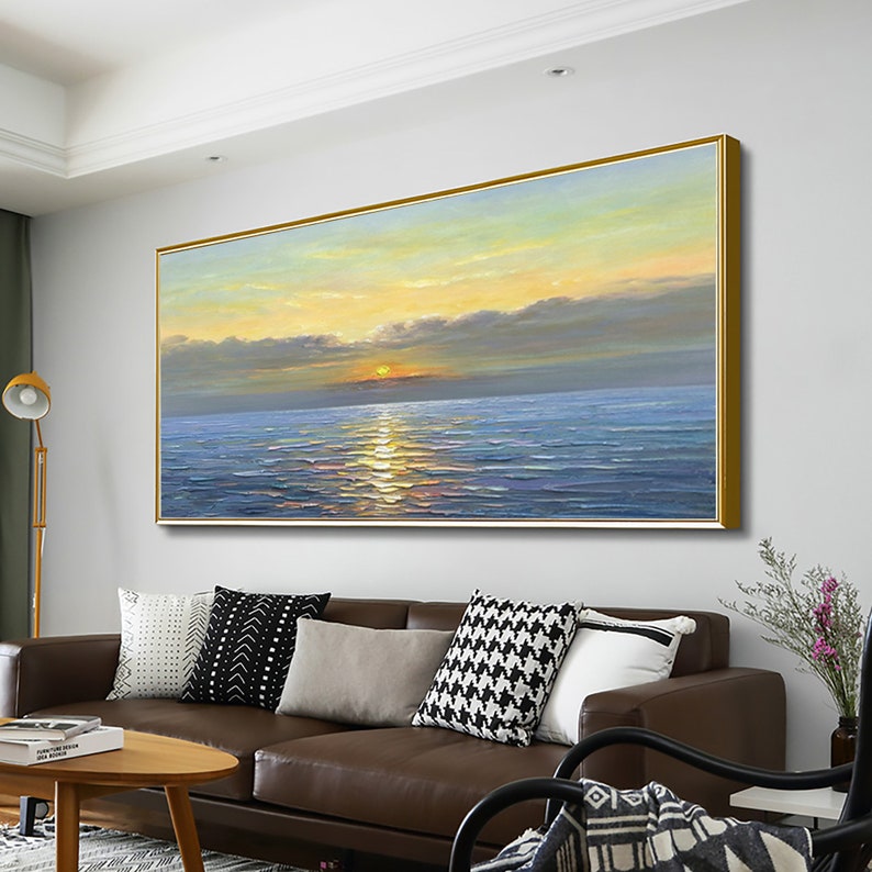 Abstract Sunrise Ocean Landscape Oil Painting on Canvas, Large Original Custom Blue Sea Beach Acrylic Painting Living Room Wall Art Decor - Oil Painting Haven Oil Painting Haven