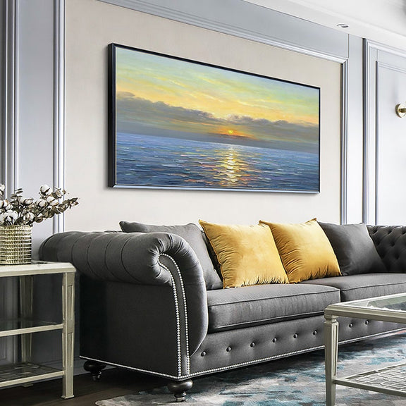 Abstract Sunrise Ocean Landscape Oil Painting on Canvas, Large Original Custom Blue Sea Beach Acrylic Painting Living Room Wall Art Decor - Oil Painting Haven Oil Painting Haven