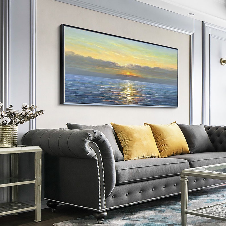 Abstract Sunrise Ocean Landscape Oil Painting on Canvas, Large Original Custom Blue Sea Beach Acrylic Painting Living Room Wall Art Decor - Oil Painting Haven Oil Painting Haven