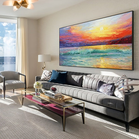 Abstract Sunrise Ocean Oil Painting on Canvas, Large Original Custom Modern Textured Coastal Landscape Painting Living Room Wall Home Decor - Oil Painting Haven Oil Painting Haven