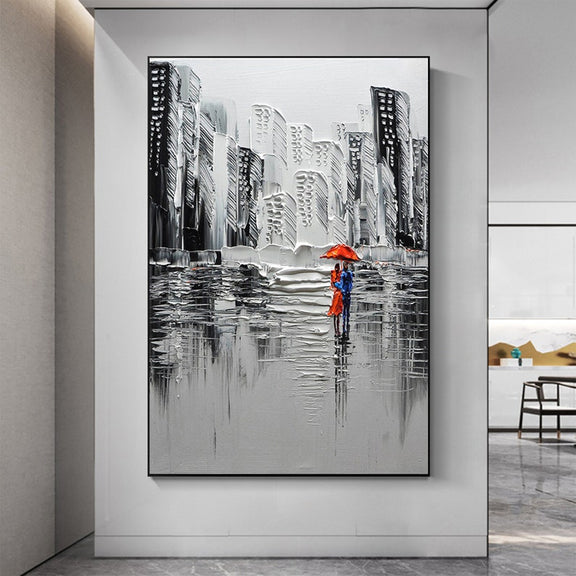 Large Abstract City Landscape Oil Painting on Canvas, Romantic Couple Textured Modern Urban Wall Art Black Painting Living Room Home Decor - Oil Painting Haven Oil Painting Haven