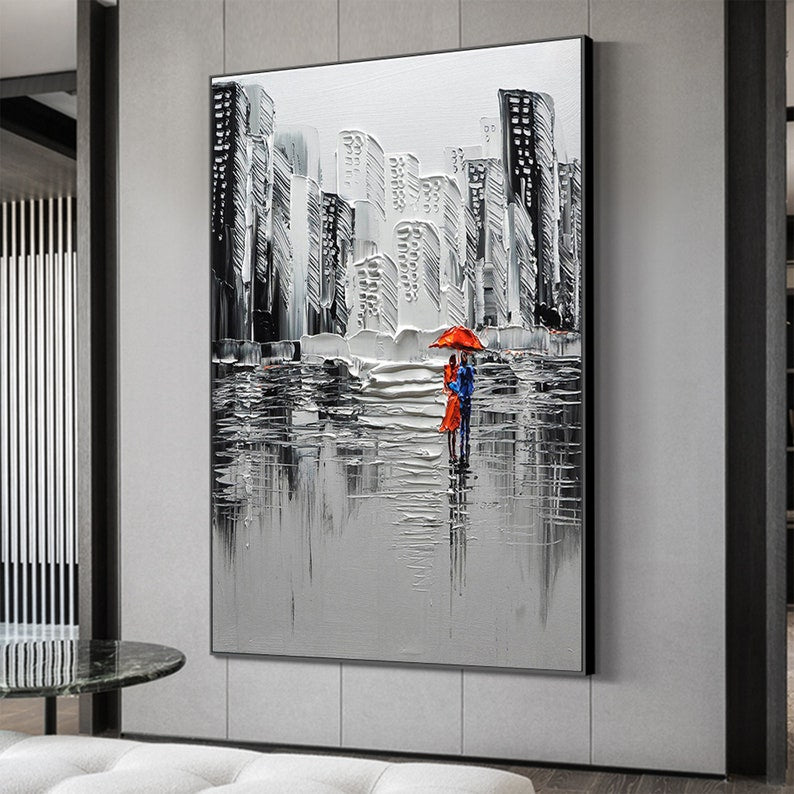 Large Abstract City Landscape Oil Painting on Canvas, Romantic Couple Textured Modern Urban Wall Art Black Painting Living Room Home Decor - Oil Painting Haven Oil Painting Haven