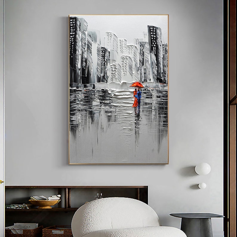 Large Abstract City Landscape Oil Painting on Canvas, Romantic Couple Textured Modern Urban Wall Art Black Painting Living Room Home Decor - Oil Painting Haven Oil Painting Haven