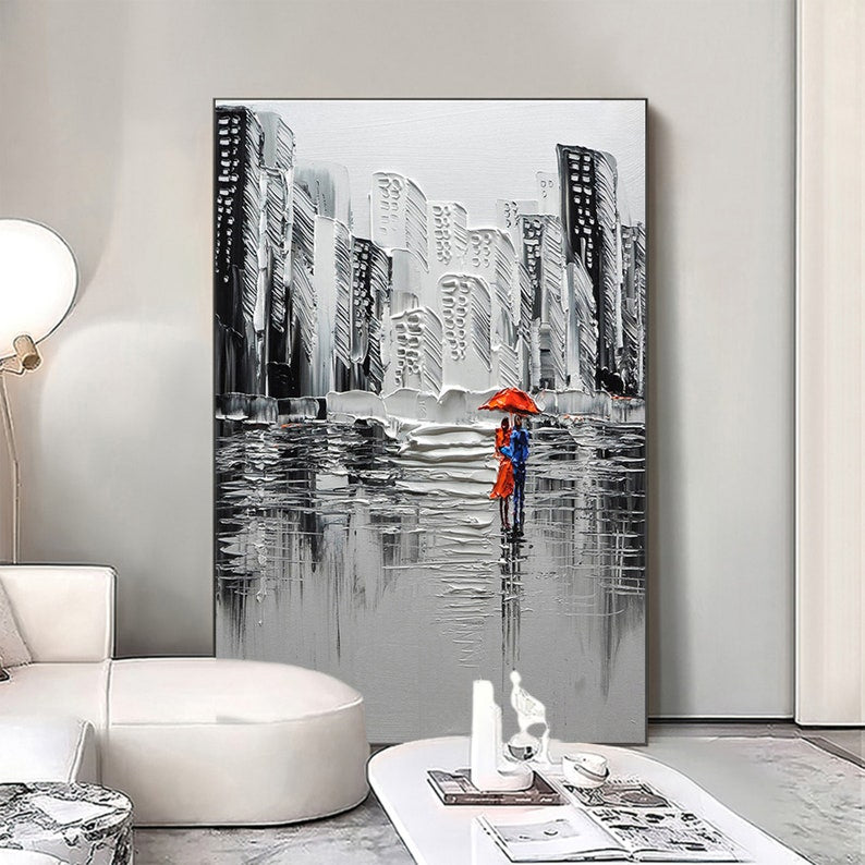 Large Abstract City Landscape Oil Painting on Canvas, Romantic Couple Textured Modern Urban Wall Art Black Painting Living Room Home Decor - Oil Painting Haven Oil Painting Haven