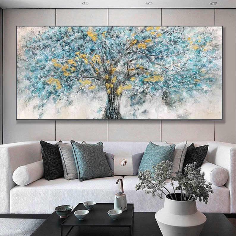 Gold Foil Blooming Banyan Tree Hand Painted, Original Canvas Teal Tree Abstract Textured Landscape Modern Bedroom Large Wall Art Home Decor - Oil Painting Haven Oil Painting Haven