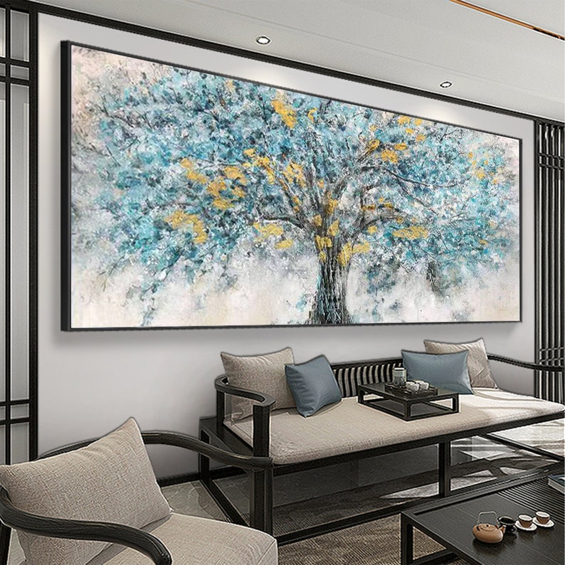 Gold Foil Blooming Banyan Tree Hand Painted, Original Canvas Teal Tree Abstract Textured Landscape Modern Bedroom Large Wall Art Home Decor - Oil Painting Haven Oil Painting Haven