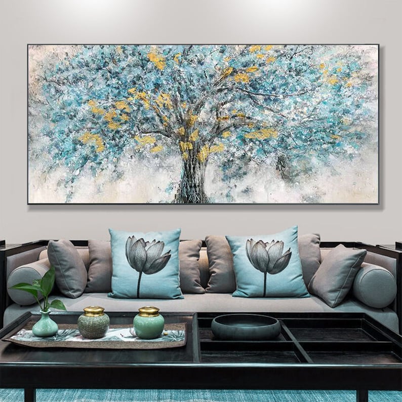 Gold Foil Blooming Banyan Tree Hand Painted, Original Canvas Teal Tree Abstract Textured Landscape Modern Bedroom Large Wall Art Home Decor - Oil Painting Haven