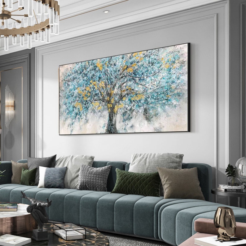 Gold Foil Blooming Banyan Tree Hand Painted, Original Canvas Teal Tree Abstract Textured Landscape Modern Bedroom Large Wall Art Home Decor - Oil Painting Haven Oil Painting Haven