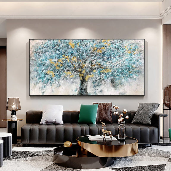 Gold Foil Blooming Banyan Tree Hand Painted, Original Canvas Teal Tree Abstract Textured Landscape Modern Bedroom Large Wall Art Home Decor - Oil Painting Haven Oil Painting Haven