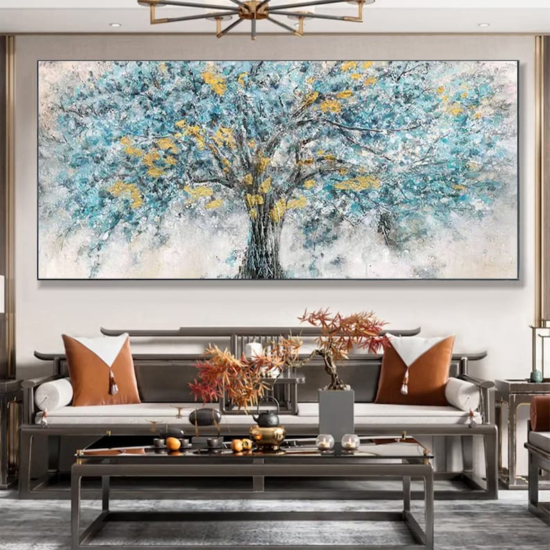 Gold Foil Blooming Banyan Tree Hand Painted, Original Canvas Teal Tree Abstract Textured Landscape Modern Bedroom Large Wall Art Home Decor - Oil Painting Haven Oil Painting Haven