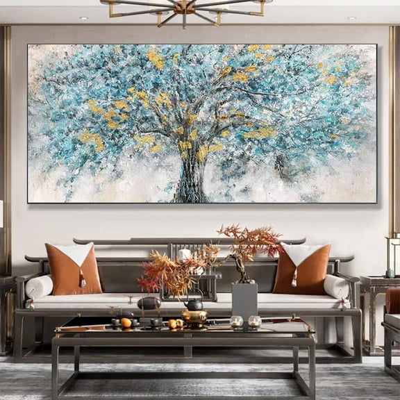 Gold Foil Blooming Banyan Tree Hand Painted, Original Canvas Teal Tree Abstract Textured Landscape Modern Bedroom Large Wall Art Home Decor - Oil Painting Haven Oil Painting Haven