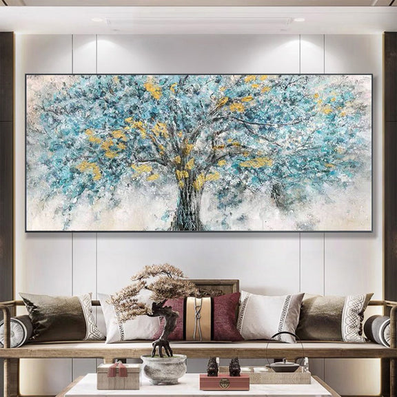 Gold Foil Blooming Banyan Tree Hand Painted, Original Canvas Teal Tree Abstract Textured Landscape Modern Bedroom Large Wall Art Home Decor - Oil Painting Haven Oil Painting Haven