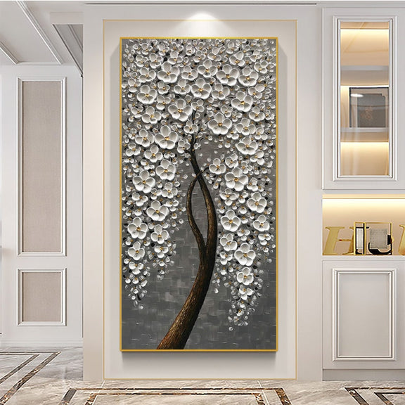 3D Abstract Cherry Blossom Tree Oil Painting, Original Textured White Floral Landscape Modern Palette Knife Painting Wall Art Bedroom Decor - Oil Painting Haven Oil Painting Haven