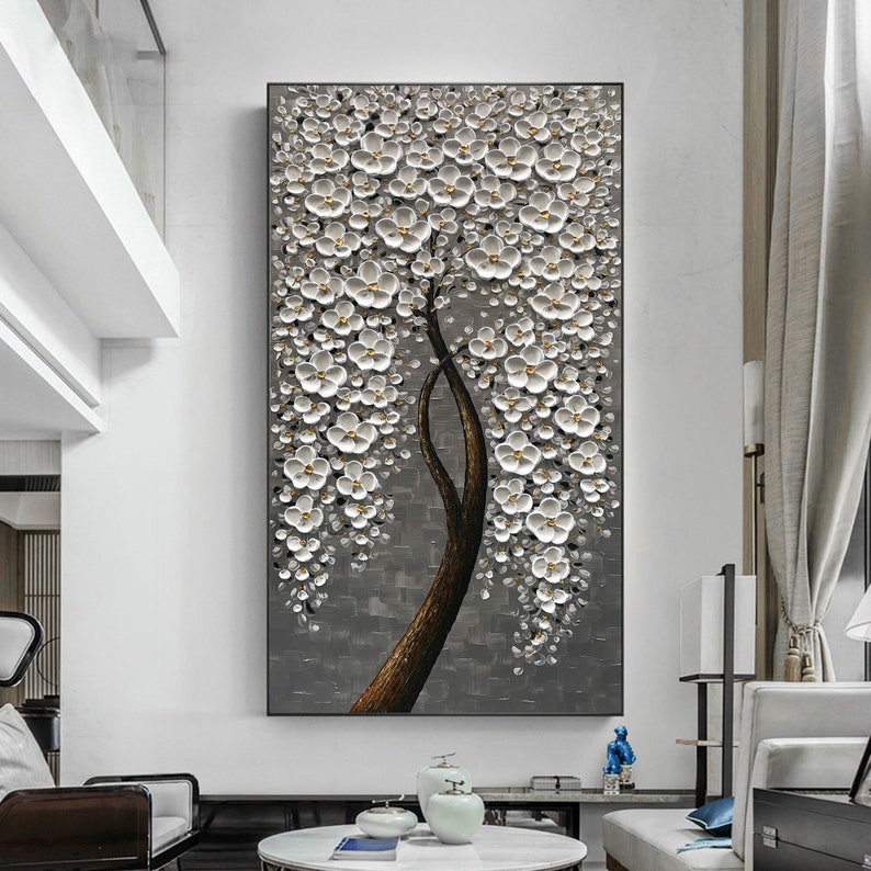 3D Abstract Cherry Blossom Tree Oil Painting, Original Textured White Floral Landscape Modern Palette Knife Painting Wall Art Bedroom Decor - Oil Painting Haven Oil Painting Haven