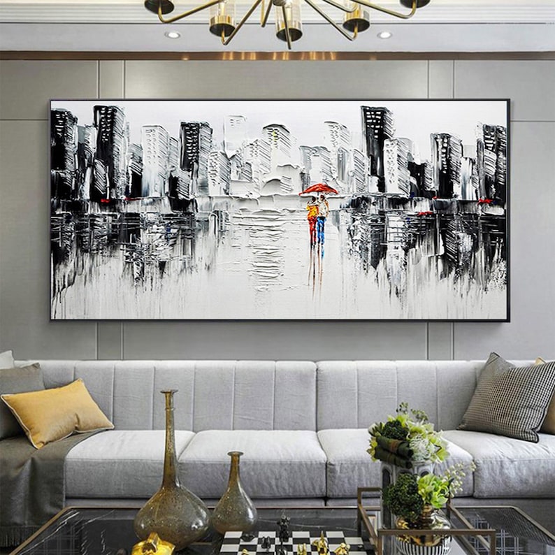 Large Abstract City Textured Oil Painting on Canvas, Romantic Couple Modern Urban Landscape Wall Art Black Painting Living Room Home Decor - Oil Painting Haven