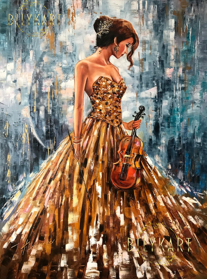 Gorgeous Girl with Violin Oil Painting Abstract Woman Wall Art Luxury Gift for Her Blue Gold Painting 30x40 Music Wall Decor Modern Art - Oil Painting Haven Oil Painting Haven