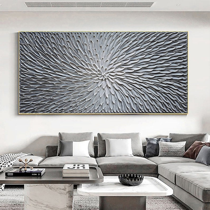 Large Abstract Flower Oil Painting, Original Minimalist White Floral Palette Knife Acrylic Painting Modern Living Room Wall Art Home Decor - Oil Painting Haven Oil Painting Haven