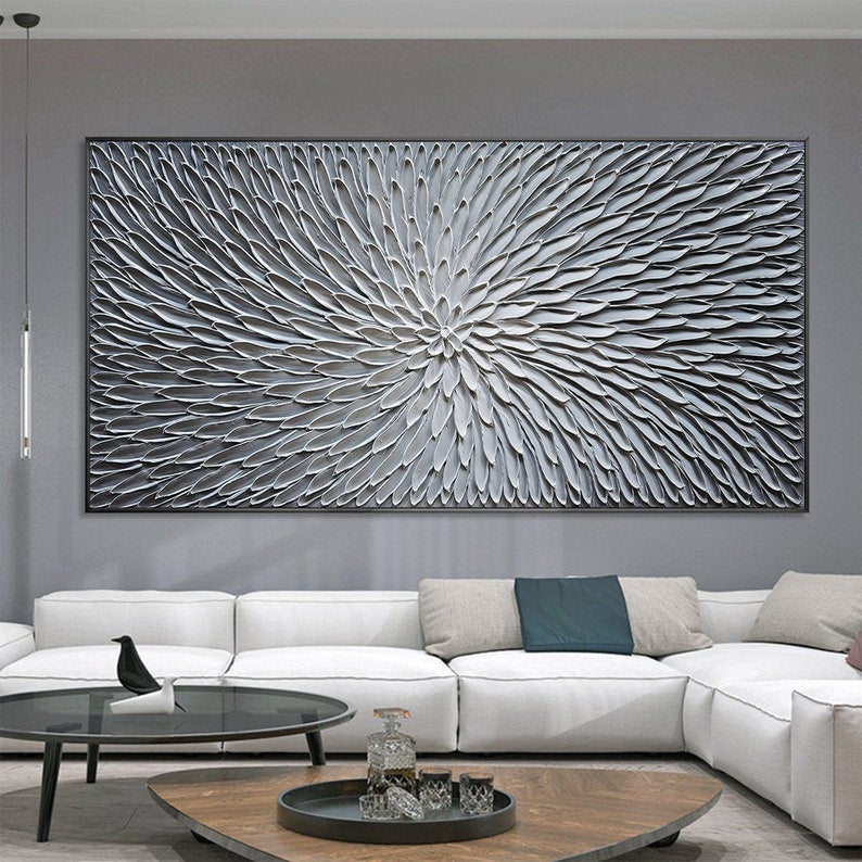 Large Abstract Flower Oil Painting, Original Minimalist White Floral Palette Knife Acrylic Painting Modern Living Room Wall Art Home Decor - Oil Painting Haven Oil Painting Haven