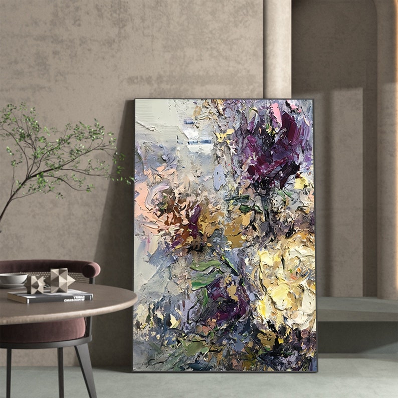 Abstract Colorful Textured Flower Oil Painting on Canvas, Large Original Modern Floral Acrylic Painting Living Room Wall Art Home Decor - Oil Painting Haven