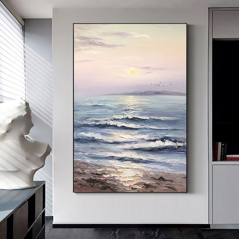 Abstract Sunset Ocean Landscape Oil Painting on Canvas,Large Original Custom Blue Sea Beach Acrylic Painting Living Room Wall Art Home Decor - Oil Painting Haven