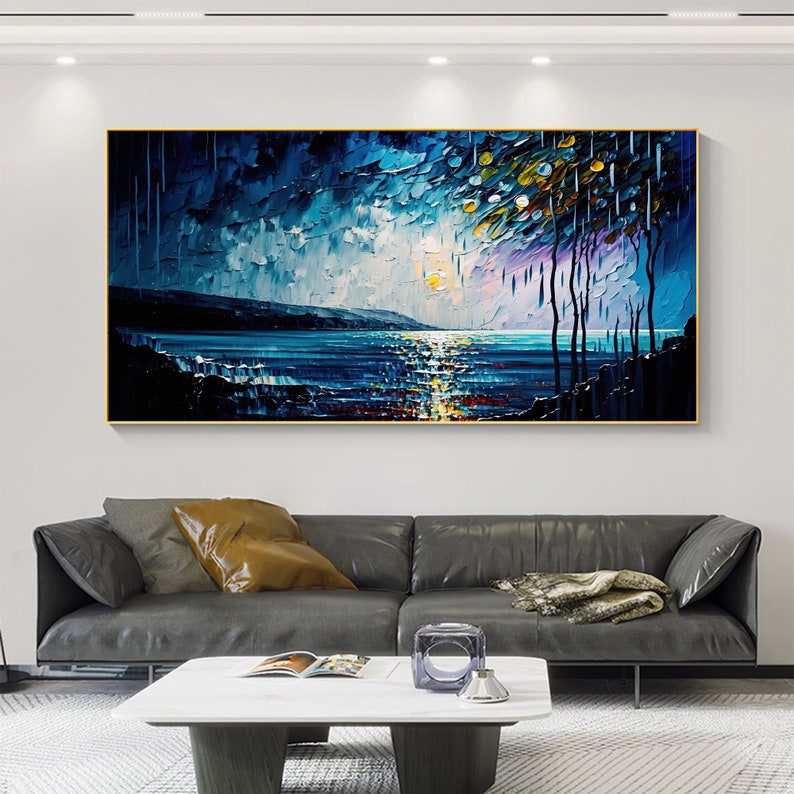 Abstract Original Night Seascape Oil Painting On Canvas, Large Wall Art Blue Ocean Landscape Painting Custom Painting Living Room Wall Decor - Oil Painting Haven Oil Painting Haven