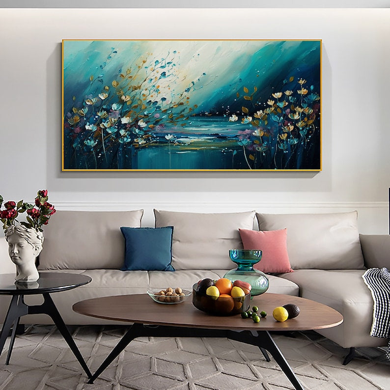 Original Ocean Landscape Oil Painting On Canvas, Large Wall Art, Abstract Blue Flower Painting, Custom Seascape Painting, Living Room Decor - Oil Painting Haven Oil Painting Haven