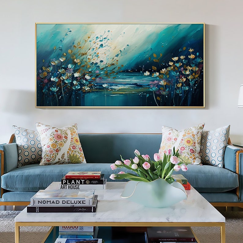 Original Ocean Landscape Oil Painting On Canvas, Large Wall Art, Abstract Blue Flower Painting, Custom Seascape Painting, Living Room Decor - Oil Painting Haven Oil Painting Haven