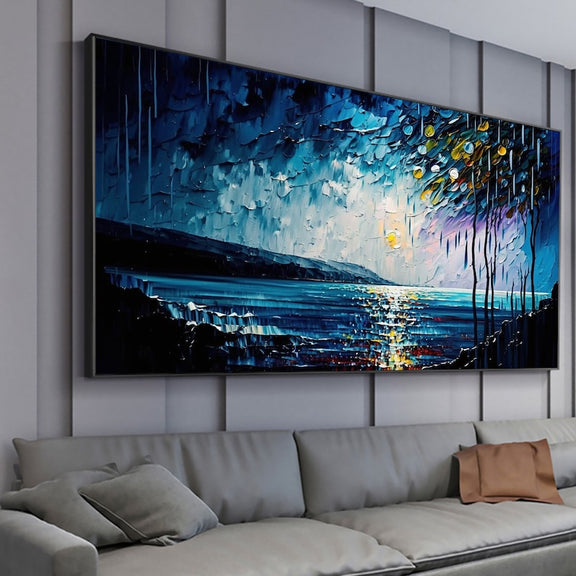 Abstract Original Night Seascape Oil Painting On Canvas, Large Wall Art Blue Ocean Landscape Painting Custom Painting Living Room Wall Decor - Oil Painting Haven Oil Painting Haven