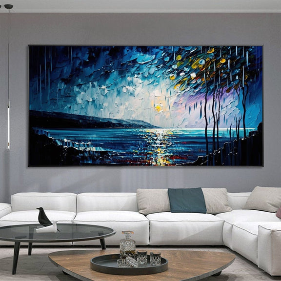 Abstract Original Night Seascape Oil Painting On Canvas, Large Wall Art Blue Ocean Landscape Painting Custom Painting Living Room Wall Decor - Oil Painting Haven Oil Painting Haven